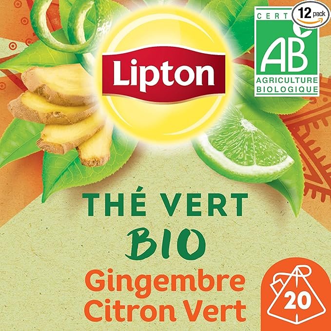 Lipton, Thé Vert Bio, Infusion à Froid ou Chaud, Goût Gingembre & Citron Vert