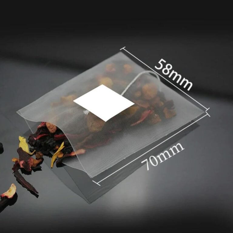 Lot de 100 filtres à thé en nylon avec étiquette blanche, sachets de thé vides transparents3