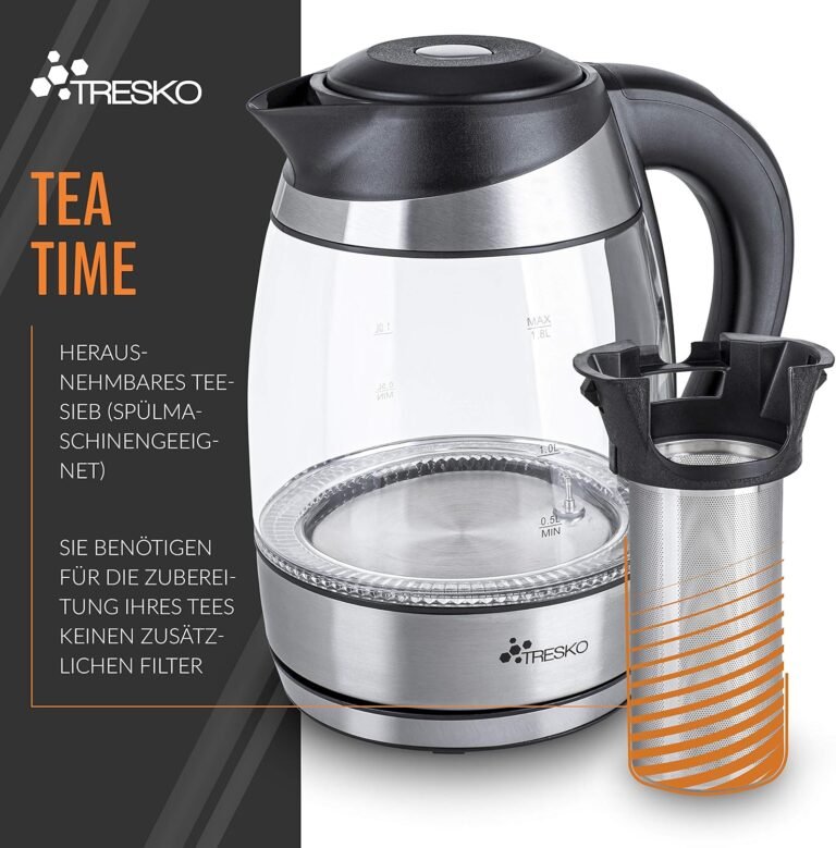 TRESKO Bouilloire électrique en cristal 1.8 L avec infuseur à thé et filtre à eau5