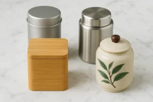 boîte à thé inox, bambou et porcelaine